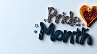 Stylized Pride Month text with layered heart in rainbow colors on white background, modern typography design for LGBTQ+ celebration and social media content.