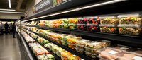 Modern grocery store produce section with fresh fruits and vegetables displayed in refrigerated cases under bright LED lighting for retail marketing.
