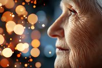 Close up profile of senior Caucasian woman's face with wrinkles against blurred warm bokeh lights creating magical holiday atmosphere and nostalgic mood.