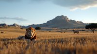 Majestic male lion resting in golden savanna grass during sunset, mountains and acacia trees in background create dramatic African wilderness scene.