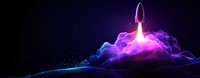 Glowing rocket launch through vibrant purple and blue clouds against dark sky, creating magical luminous trail effect for space exploration and startup concepts.