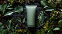 Green cosmetic tube on dark wooden background with fresh green leaves and pine cones. Natural skincare product photography for beauty and wellness marketing.