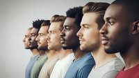 Diverse group of young men standing in profile line showing multicultural teamwork and unity in modern casual clothing against neutral background.