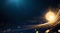 Glowing golden light trail with sparkles and bokeh effects on dark blue background creates magical atmosphere for festive designs and celebrations.