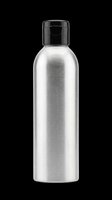 Metallic aluminum bottle with black flip-top cap, isolated on transparent background. Ready for design use on product mockups, packaging templates, t-shirt designs, sublimation projects, and print-on-demand applications.