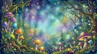 Enchanted forest scene with glowing mushrooms, magical lights, and mystical woodland creatures in a dreamy, ethereal setting for fantasy and children's book illustrations.