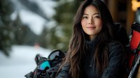Young Asian woman in winter jacket smiling outdoors with ski equipment and backpack against snowy mountain background during winter sports vacation.