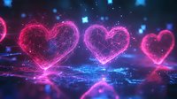 Glowing neon pink hearts with digital network effect floating over reflective surface amid blue sparkles and light particles. Modern love concept for Valentine designs.