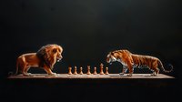 Lion and tiger facing each other across chess pieces on wooden surface against dark background, symbolizing strategic competition in business or nature.
