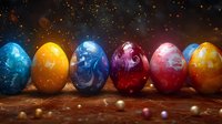Colorful Easter eggs with marble effect and swirled patterns arranged in row on dark background with magical sparkles and bokeh lights creating festive atmosphere.