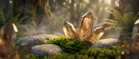 Magical mushrooms growing from moss-covered stones in enchanted forest with golden sunlight filtering through trees creating mystical woodland atmosphere.