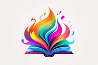 Vibrant open book with colorful flame-like pages emerging in rainbow spectrum, symbolizing creativity, imagination and knowledge. Perfect for education and storytelling designs.