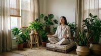 Young woman meditating in serene home interior surrounded by lush green houseplants. Peaceful mindfulness practice in cozy living space with natural light.