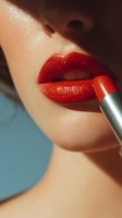 Close-up of woman applying bright red lipstick, glossy lips catching light against smooth skin and turquoise background for beauty advertising.