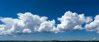 Dramatic white cumulus clouds against vibrant blue sky over rural landscape horizon for weather forecasting and nature backgrounds.