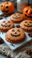 Halloween pumpkin face cookies with spices on wooden board, festive autumn baking treats for October celebration and seasonal dessert preparation.