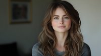 Young attractive Caucasian woman with wavy brown hair wearing gray sweater looking at camera with confident smile in modern home interior.