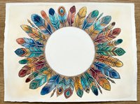 Colorful feather wreath frame with tribal patterns on textured paper background, bohemian style decoration for greeting cards and craft projects.