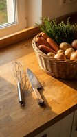 Wooden kitchen counter with wicker basket containing fresh carrots, potatoes and herbs, whisk and chef knife nearby, sunlit window background, cooking preparation setup.