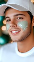 Young Hispanic man wearing white baseball cap smiling with green facial mask patches under eyes, showing skincare and self-care routine against bokeh background.
