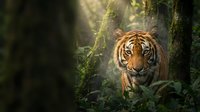 Majestic tiger walking through lush forest with moss-covered trees and dappled sunlight, wildlife and nature photography.