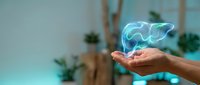 Glowing blue holographic brain floating above open palm in modern interior, representing artificial intelligence, neuroscience and digital health technology.