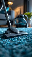Modern vacuum cleaner head on plush blue carpet, close-up view with soft bokeh background showing cozy home interior with lamp and houseplant.
