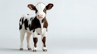 Young Holstein calf with brown and white spots standing on light background, looking directly at camera. Isolated farm animal for agricultural and dairy industry designs.