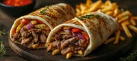 Grilled beef shawarma wrap with fresh vegetables and french fries on wooden board, middle eastern street food cuisine in warm lighting and rustic setting.