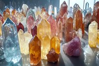 Colorful healing crystal points collection featuring citrine, amethyst, clear quartz and rose quartz specimens arranged on reflective surface in mystical lighting.