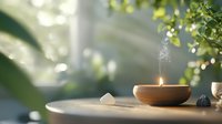 Burning aromatic candle in wooden bowl with healing crystals on wooden surface against blurred green natural background creates peaceful spa atmosphere.