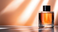 Luxury glass perfume bottle with amber liquid on reflective surface against soft peach background with dramatic lighting and shadows.