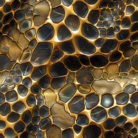 Abstract cellular pattern with golden metallic framework surrounding dark gray organic shapes, creating a luxurious honeycomb-like structure with depth and texture.