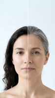 Split screen comparison showing woman aging process from young to mature with dark hair transitioning to gray hair for skincare and beauty concepts.