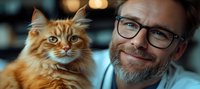 Mature Caucasian man with glasses and gray beard smiling while holding ginger Maine Coon cat, showing bond between pet owner and feline companion.