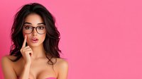 Young Asian woman with glasses and wavy dark hair posing thoughtfully against pink background, finger near lips, expressing curiosity and intelligence in modern portrait style.