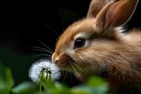 Adorable brown baby bunny rabbit sniffing white dandelion seedhead against dark background, close-up portrait showing soft fur and curious expression in natural setting.