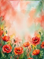 Watercolor poppy flowers border frame with soft coral and green background for spring greeting cards, invitations and floral design projects.