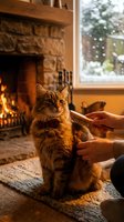 Tabby cat being petted by owner near warm fireplace in cozy living room during winter evening creating peaceful domestic atmosphere for relaxation content.