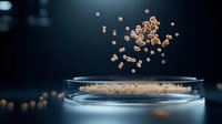 Floating golden spheres suspended in motion above glass container with dark background, creating dynamic composition for luxury product advertising.