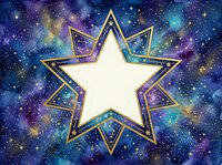Golden star frame with cosmic galaxy background featuring purple blue nebula colors and sparkling stars for celestial design projects.