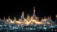 Glowing golden wave pattern with light peaks against dark background, creating futuristic city skyline effect. Abstract digital visualization of sound or data.