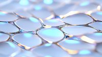 Macro view of metallic honeycomb structure with iridescent blue and golden reflections creating abstract geometric pattern. Modern technology and innovation concept.