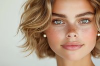 Close up portrait of young woman with natural freckles, blue eyes, blonde wavy hair and pearl earrings against light background, showing fresh glowing skin.