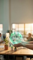 Hands holding glowing green energy sphere in modern office workspace representing sustainability innovation and environmental business solutions.