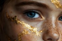 Close up of young woman's blue eyes with gold leaf makeup and natural freckles on fair skin, artistic beauty portrait with metallic accents and creative cosmetics.