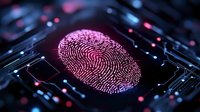 Glowing pink fingerprint scan on dark circuit board with digital security elements and biometric authentication technology creates futuristic cybersecurity concept.