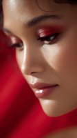 Close-up profile portrait of young Asian woman with red eyeshadow makeup and glossy lips against red background, showing professional beauty and cosmetic artistry.