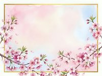 Watercolor cherry blossom frame with pink flowers and gold border on soft gradient background for spring wedding invitations and greeting cards.