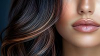 Close up view of plump glossy lips and wavy brown hair with caramel highlights against dark background, beauty and cosmetics concept for makeup and hair styling.